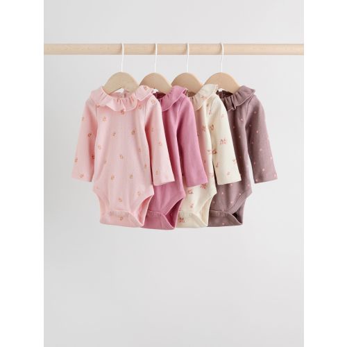 Pink/ Cream/ Brown Ditsy Baby Long Sleeve Frill Bodysuits 4 Pack (0mths-2yrs)