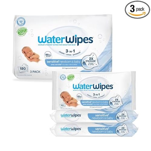 WaterWipes Sensitive+ Newborn & Baby Wipes, 3-In-1 Cleans, Cares, Protects, 99.9% Water, Unscented & Hypoallergenic, 180 Count (3 Packs)