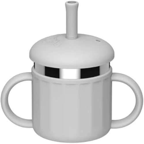 Stainless Steel Toddler Cup with Silicone Sleeve – 100% Leak-Proof Sippy Cup with Handles & Straw – Non-Toxic, Easy to Clean, Dishwasher Safe Baby Cup for Ages 6M+(Grey)