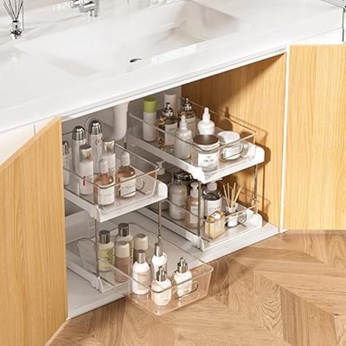 Vtopmart 2 Pack Bathroom Organizer, 2 Tier White Under Sink Organizers Vanity Countertop Storage Container,Cabinet Drawers Bins, Pull-Out Organization with Track for Pantry, Kitchen