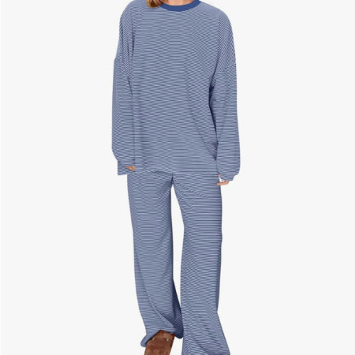 Ardrem Women Striped 2 Piece Lounge Set Long Sleeve Oversized T Shirts Wide Leg Pants Matching Sets Casual Comfy Pajama Sets