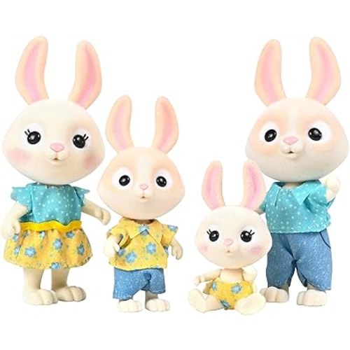 Honey Bee Acres The McScampers Rabbit Family, 4 Mini Flocked Doll Play Figures, Bunny Collectibles, Pretend Play Toys for Kids, Valentines, Easter Basket, Birthday Gift for Girls 3+