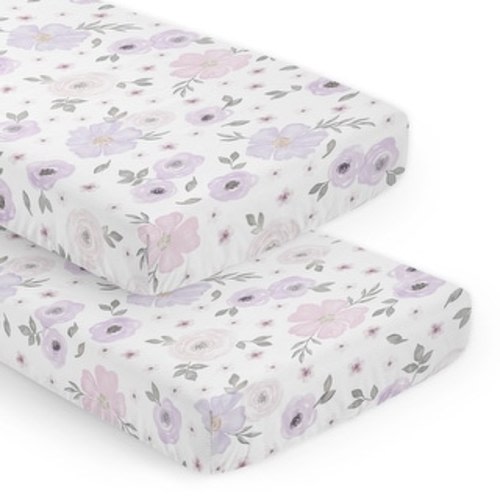 Watercolor Floral Lavender Purple Collection Baby Girl 2 Pack Fitted Crib Sheets Pink Grey White Bohemian Shabby Chic Flower