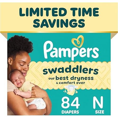 Pampers Swaddlers Diapers, Size 0 (up to 10 lbs), 84 Count, Hypoallergenic, Absorbent, Keeps Baby Dry and Comfortable, Skin Safe Disposable Newborn Baby Diaper