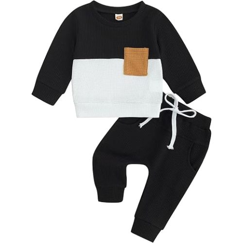 Toddler Baby Boy Fall Clothes Waffle Contrast Color Sweatshirt Pants Sets Infant Winter Outfits 6 12 18 24 Months