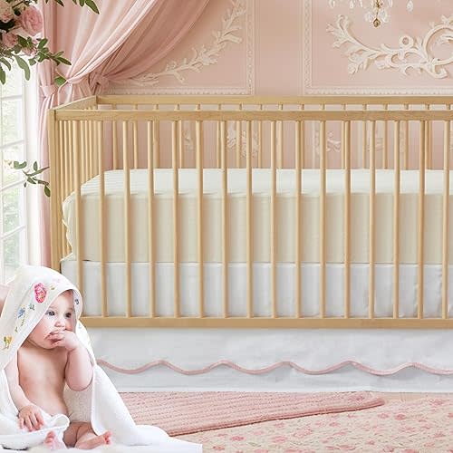 Brandream Scallop Edge Cotton Crib Skirt Toddler Bedskirt Baby Nursery Crib Bed Skirt Double Layer Boho Bohemian Neutral Solid Color Cream Off White with Pink Edge Farmhouse Chic Skirt