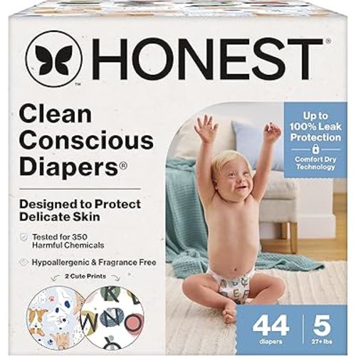 The Honest Company Clean Conscious Diapers for Delicate Skin | Up to 100% Leakproof | Hypoallergenic, Fragrance Free | Gender Neutral | Club Box, Size 5 (27+ lbs), 44 Count (Prints May Vary)