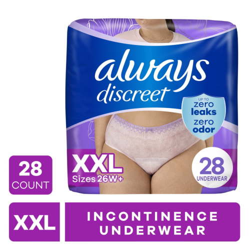Always Discreet Adult Incontinence Underwear for Women and Postpartum Underwear, XXL, Up to 100% Bladder Leak Protection, 28 CT