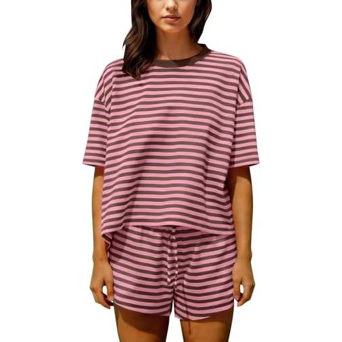 Ythomm Striped Pajamas Shorts Sets Women 2 Piece Lounge Outfits Short Sleeve Tees Drawstring Shorts Summer Matching Pj Sets