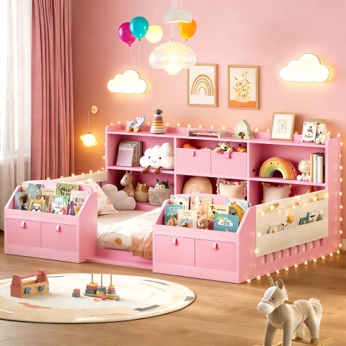 Harriet Bee Montessori Floor Bed with Bookcase & Guardrails Storage Kids Grounded Bed, Mother & Child Low-Profile Bed & Reviews | Wayfair