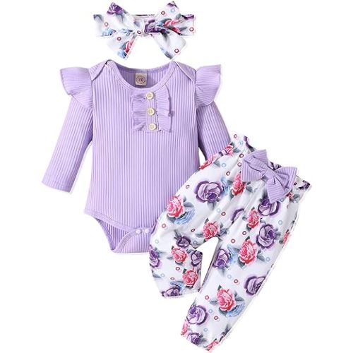 GDTOGRT Baby Girl Clothes Newborn Infant Outfits Ruffle Romper+ Floral Pants + Cute Headband Sets for Girls