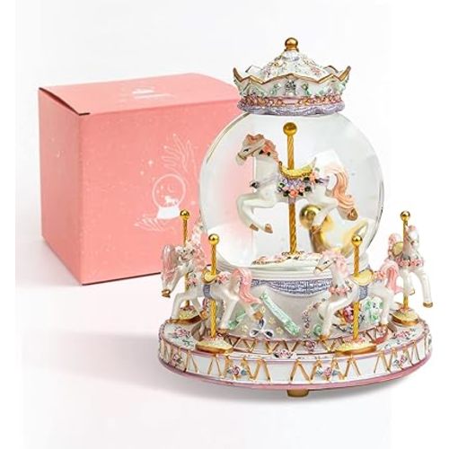 Gift Wrapped Carousel Horse Unicorn Music Box Snow Globe Color Changing LED Lights for Women Kids Baby Girls Mom Daughter Granddaughter Christmas Birthday Gifts Valentines Day Gift (White)