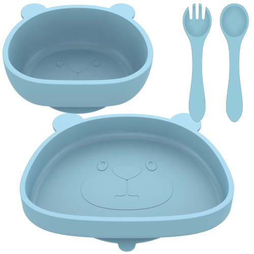 JUNWELL 4 Piece Kids Dinnerware Set, Silicone Kid Plates and Bowls Set, Baby Dishes Divided Toddler Plates for Child,Cartoon Pattern Design,bear