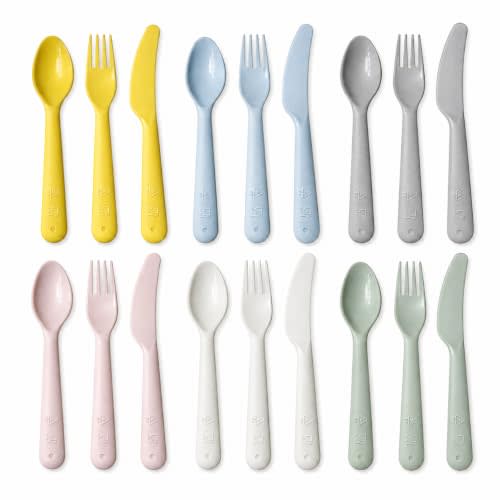 18 Pcs Toddler Utensils Set, Plastic Kids Forks and Spoons, Knives | BPA free, Dishwasher Safe, PP Material, Brightly Colored, Easy to Grip, Sized for School Lunch Box, Fits from 2 Years Old