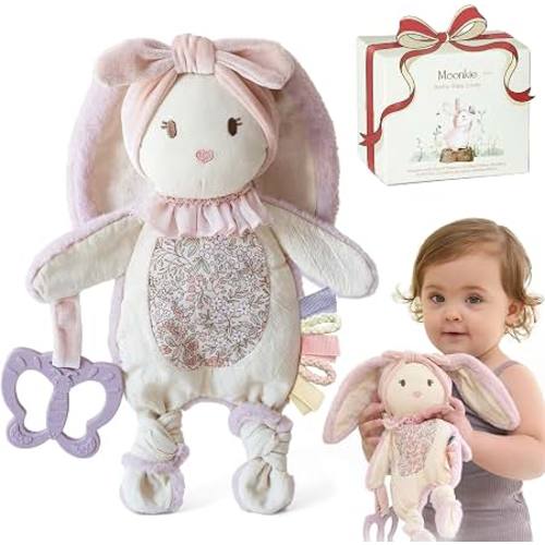 Amazon.com: Moonkie Baby Lovey with Silicone Teether, Bunny Security Blanket with Textured Ribbons, Crinkle Toys, Soft Minky Velour & Natural Cotton, Newborn Girl Gift for Baby Shower or Birthday