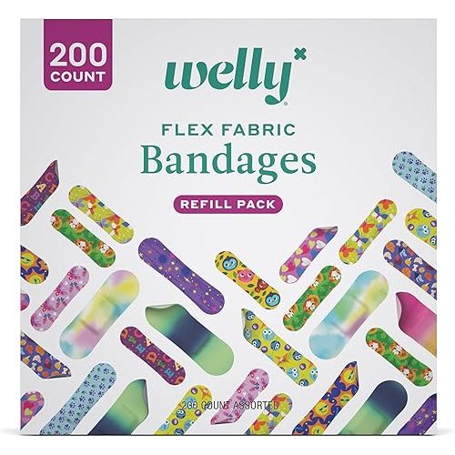 Welly Bandage Refill Ready Pack | Adhesive Flexible Fabric Bandages | Bulk Assorted Shapes and Patterns for Minor Cuts, Scrapes, and Wounds - 200 Count