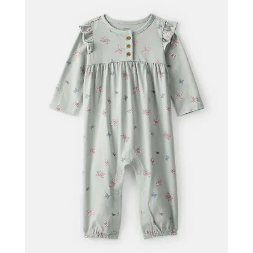 Baby Girl Butterfly Ruffle Cotton Long-Sleeve Jumpsuit - Green | Carter's