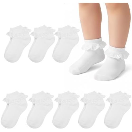 8 Pairs Toddler Girls Ruffle Socks Cute White Lace Trim Frilly Ankle Cotton Socks for Girls Kids