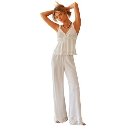SHENHE Women's 2 Piece Pajama Sets Rib Knit Ruffle Hem Cami Top and Pants Sleepwear