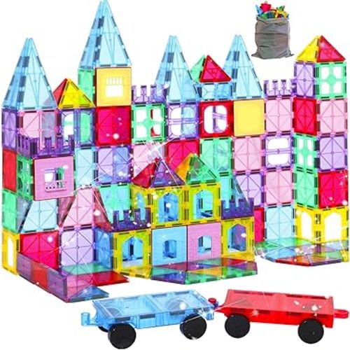 Upgraded Antibacterial Magnetic Tiles 142PCS with 2 Cars, Built-in Antibacterial Protection, Inhibits Bacterial Growth for Healthier Play, STEM Educational Building Blocks for Kids Ages 3+
