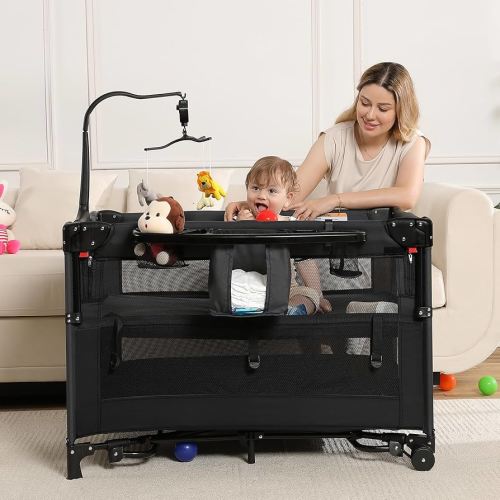 5 in 1 Pack and Play, Portable Travel Baby Bassinet, Foldable Travel Playard Playpen for Toddler, Bedside Crib Sleeper, Diaper Changer Table, Baby Playard for Newborn (Black)
