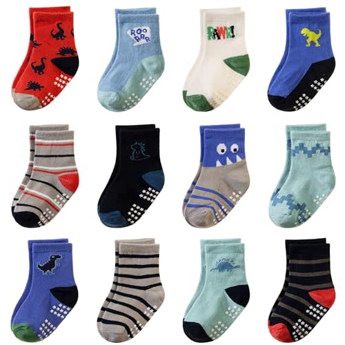 AMENLAN Toddler Non Slip Grips Socks Kids Anti Skid Baby Boys Girls Cotton Crew Socks 12 Pairs