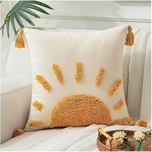 Zealax Decorative Boho Throw Pillow Cover 18x18 Inch for Couch Living Room Outdoor, Sun Tufted Pillow Covers with Tassels Cushion Case, Rustic Modern Farmhouse Home Decor (No Pillow Insert, 1Pc)