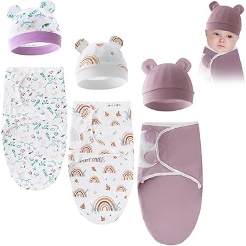 3 Pack Baby Swaddle Blanket with Hats, Soft Cotton Newborn Wearable Swaddle Wrap for 0-3 Months Girls Boys