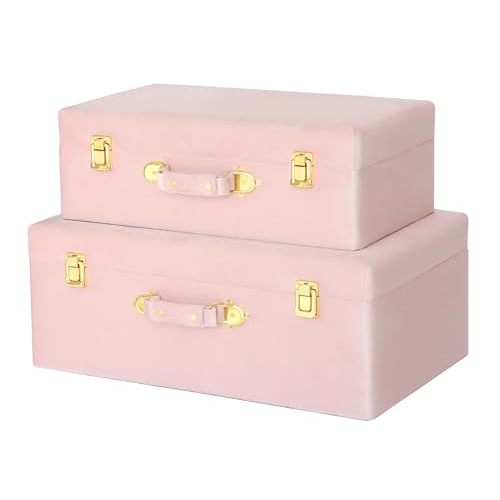 HofferRuffer Velvet Storage Trunks with Wood Frame, Set of 2 Storage Chests with Handles, Bedroom Organizer Nesting Upholstered Decorative Boxes Hinged Lid with Gold Hardware Accents (Pink Trunks)