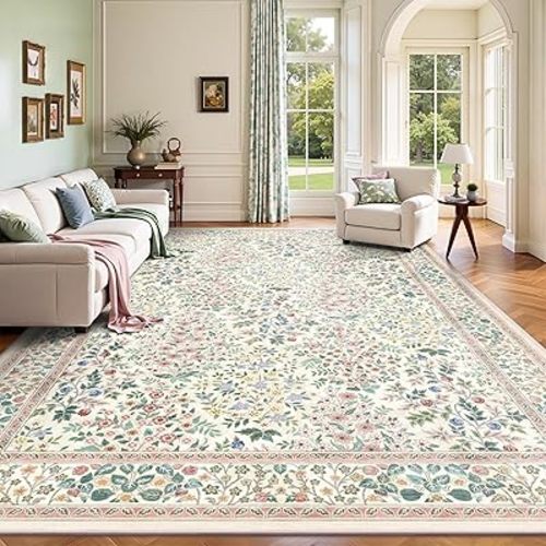8x10 Area Rugs, Machine Washable Low Pile Floral Rugs for Living Room, Bedroom, Large Boho Area Rug with Non-Slip Backing for Dining Room(Pink Floral)