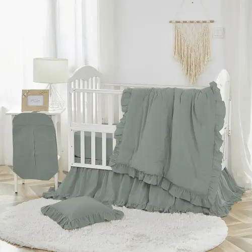 Brandream Gender Neutral Boho Bohemian Baby Girl Boy Nursery Crib Bedding Set - 6pc - Solid Color Sage Green Farmhouse Chic Unisex Ruffle Unisex Cozy 100% Washed Cotton
