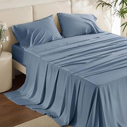 Bedsure King Size Sheets Set, Cooling Sheets for Hot Sleepers, Rayon Derived from Bamboo, PureWoven, Breathable & Soft, Deep Pocket Up to 16 Inches, Hotel Luxury Silky Bedding, Dusty Blue