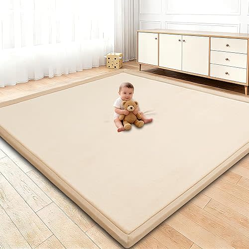 Baby Play Mat for Floor, 1.3 Inch Thick Memory Foam Tummy Time Mat with Non Slip Backing, Soft Coral Velvet 71X79 Inch Playpen Mat Crawling Tatami for Infants Toddlers Kids, Beige