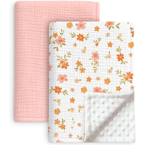 2 Pack Muslin Baby Blankets for Boy Girl, Soft Nursery Blanket, Leaf | 40x40 In, Super Soft, with Cotton Front and Double Layer Dotted Backing, Lightweight Breathable Bedding for Infant Toddler