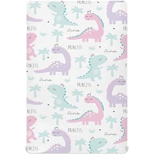 Dinosaur Princess Pink Green Fitted Crib Sheets Stretchy Portable Playard Sheets for Baby Toddler, Breathable Soft Mini Crib Mattress 52 x 28 in for Boys and Girls