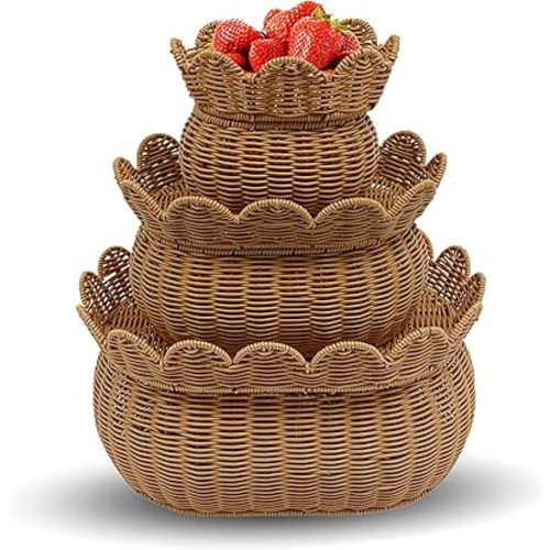 3 Pcs Scalloped Baskets, Hand-Woven Storage Basket, Scalloped Edge Wicker Basket With Lid for Nursery Storage Diaper Organizer Bathroom Decor