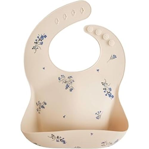 mushie Silicone Baby Bib | Adjustable Fit Waterproof Bibs (Lilac Flowers)