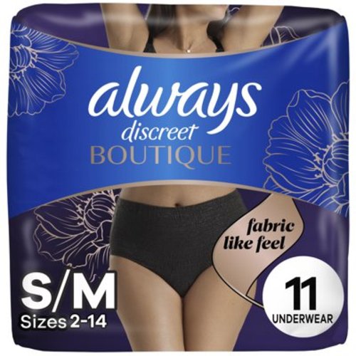 Always Discreet Boutique Incontinence and Postpartum Underwear for Women, Maximum Protection, S/M, Black, 11 Count