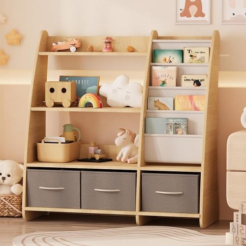 NACHES Kids Bookshelf and Toy Storage Organizer, Montessori Nursery Book Shelves with Sling Rack & Fabric Toy Bins, Toddler Baby Bookcase, Wooden Toy Shelf for Kids Room, Playroom, Sail-Burlywood