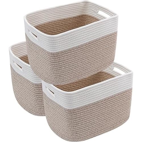 3 Pack Woven Rope Storage Baskets for Organizing,13.5"×11"×9.5" Storage Bins for Shelves,Perfect for Toys,Books,Towels,Clothes,Empty Gift Baskets for Nursery,Living Room&Bedroom(White&Brown)