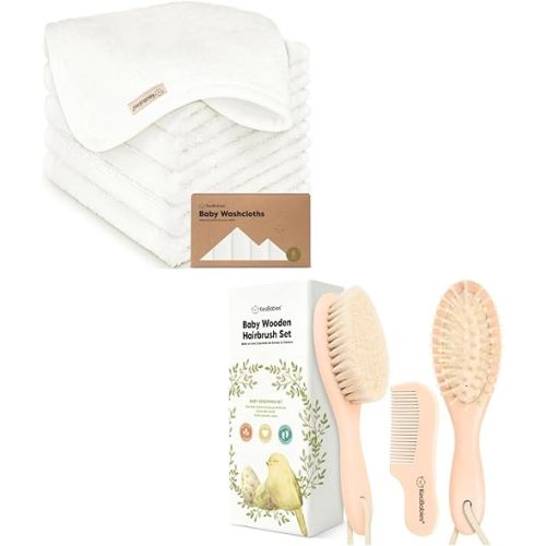 KeaBabies Baby Washcloths for Newborn, Kids and Baby Hair Brush and Comb Set - Soft, Absorbent Bath Cloth and Face Washcloths - Wooden Kids Brush with Soft Goat Bristle