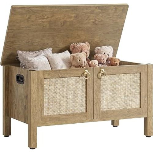 SICOTAS Rattan Storage Bench Boho Storage Chest with 2 Safety Hinges