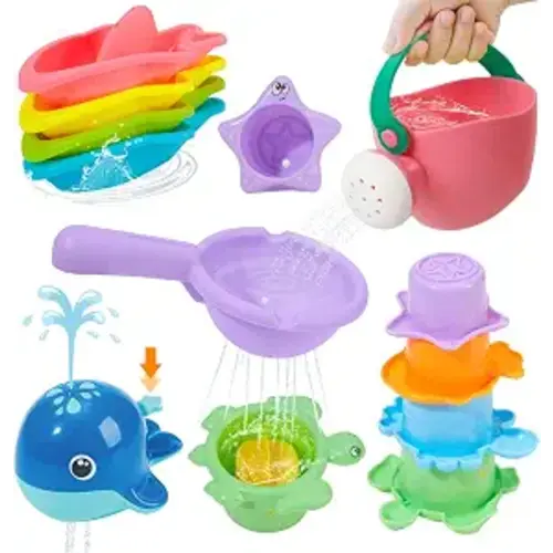 Mold Free Bath Toys, 11PCS | Safe Easy Clean & Fun Floating Boats & Spoon & Watering Can and Whale Bath Toy for Babies 12+ Months | Colorful Bathtub Pool Water Table Sand Toys for Babies and Toddlers
