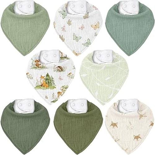 Muslin Baby Bibs 8 Pack, Baby Bandana Drool Bib for Drooling and Teething, Cotton Soft Absorbent for Girls Boys (Sage Green Jungle Animals)