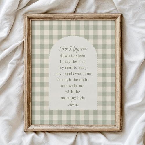 Now I Lay Me Down To Sleep, Christian Nursery Art, Sage Green Gingham Giclee Print, Bedtime Prayer, Church Nursery Decor, Multiple Sizes