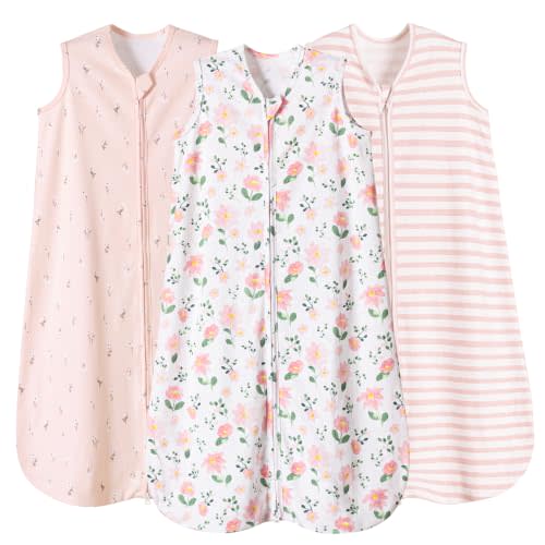 PHF 100% Organic Cotton Baby Sleep Sack 0-6 Months, Soft Lightweight Wearable Blanket for Babies, 2-Way Zipper 0.3 TOG Comfy Toddler Sleeping Sack 3 Pack for Boys Girls Neutral, Pink Floral (Small)