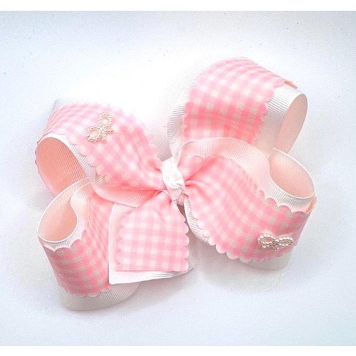 Scalloped Edge Gingham Big Bows, Pink Hair Bow, Toddler Bows, Bows for Girls, Baby Bows with Clip, Spring Bows, Easter Bows, Birthday Bows