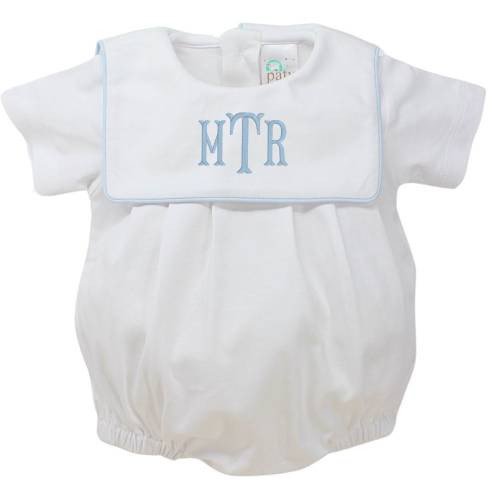Baby Boy Monogrammed Romper Bib Collar Pima Cotton Bubble Outfit, Take Home outfit, White & Blue