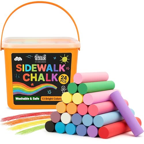 24 PCS Sidewalk Chalk for Kids - 13 Colors Bucket - Non-Toxic Washable Jumbo Chalks - Bulk Colored Set for Kids & Toddlers Outdoor Play, Chalkboard Art - Easy Carry & Mess-Free Storage