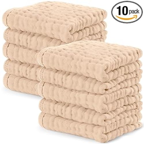 Comfy Cubs Muslin Baby Washcloths 10 Pack - Soft 6-Layer Cotton Wash Cloths for Sensitive Skin - 10"x10" Large, Gentle, Absorbent Infant Essentials for Newborn and Toddlers - Cream